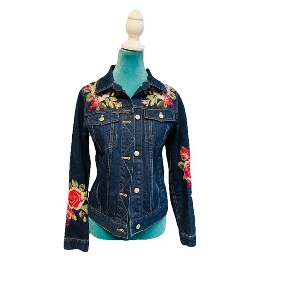 Johnny Was Desi Floral Embroidered Denim Jean Jacket Boho Size Extra Small - Picture 2 of 7